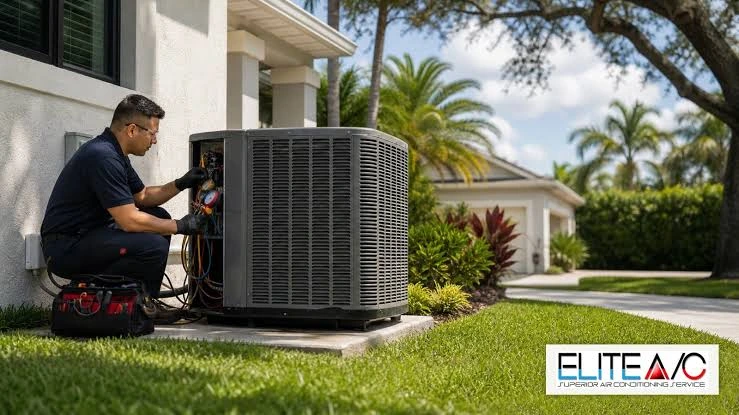 Technician servicing an air conditioner outside a home